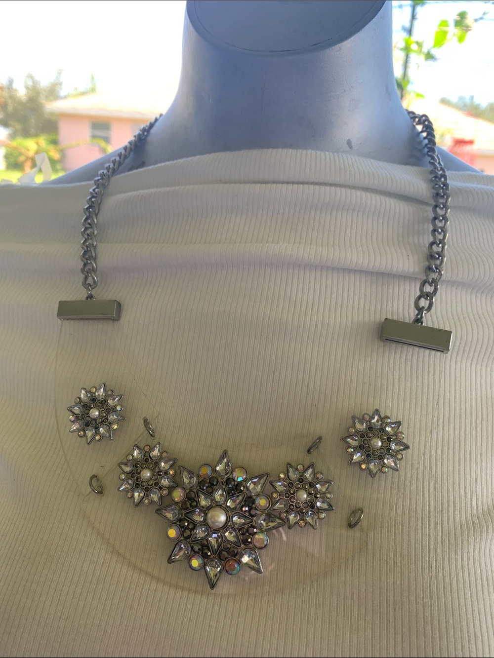 Silver-Tone Crystal Statement Necklace with Iridescent Accents - Women Jewelry